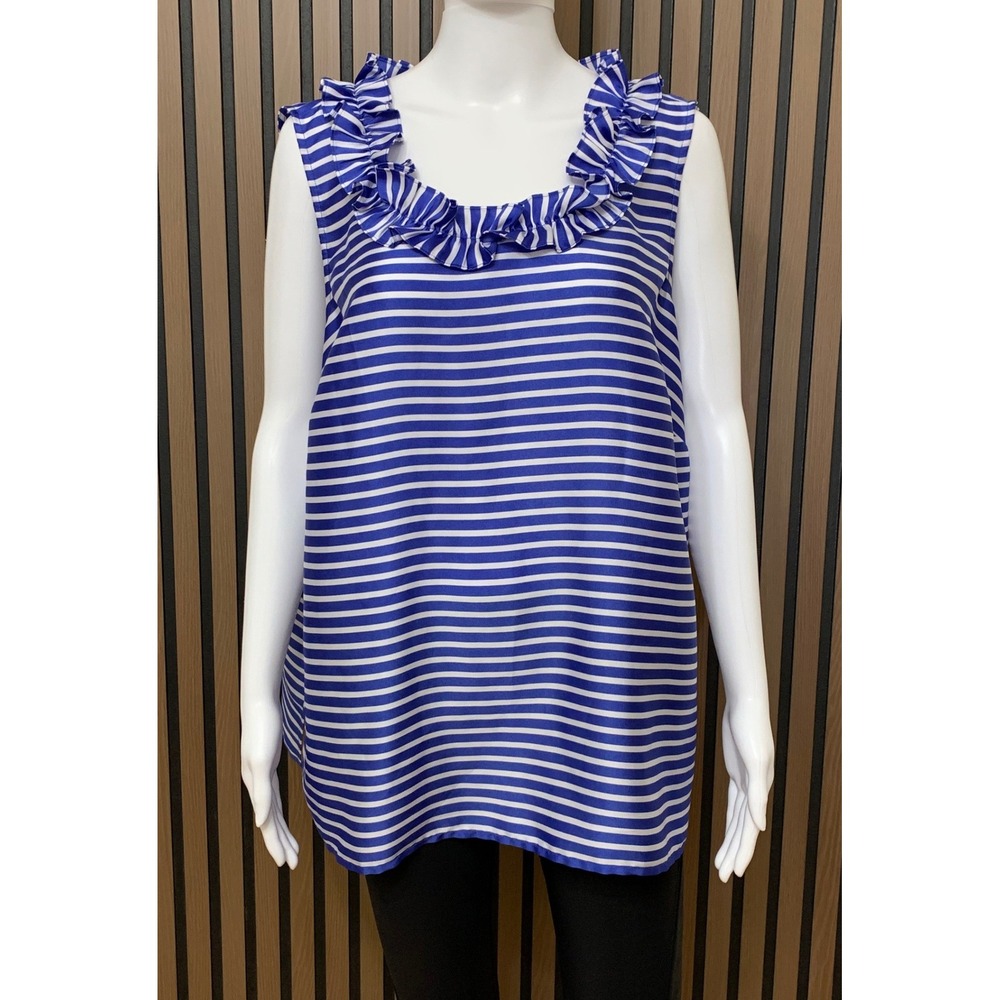 rsvp by Talbots Women's Blue White Striped Ruffle Neck Sleeveless Blouse 2X